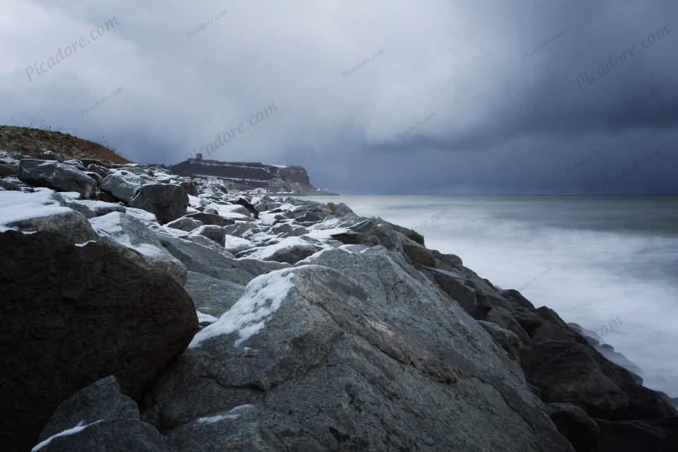 Snow storm over Scarborough Castle Large Version